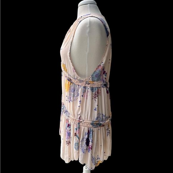 Free People Size Medium Powder Pink Floral Tiered Ruched Trim Empire Waist Tunic - Picture 8 of 13